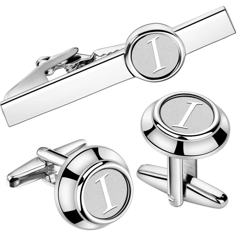 AMITER Cufflinks and Tie Bar Set for Men Silver Initials A-Z Formal Business Wedding Tuxedo Shirts (I(2Cufflink+Tie Clip)) - Image 1